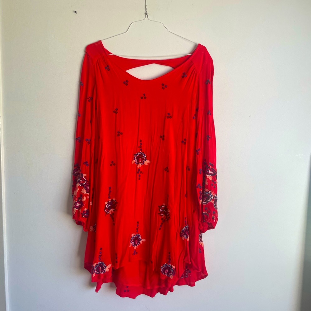 Free People Oxford Red Boho Floral Embroidered Tunic Dress Women’s Size …